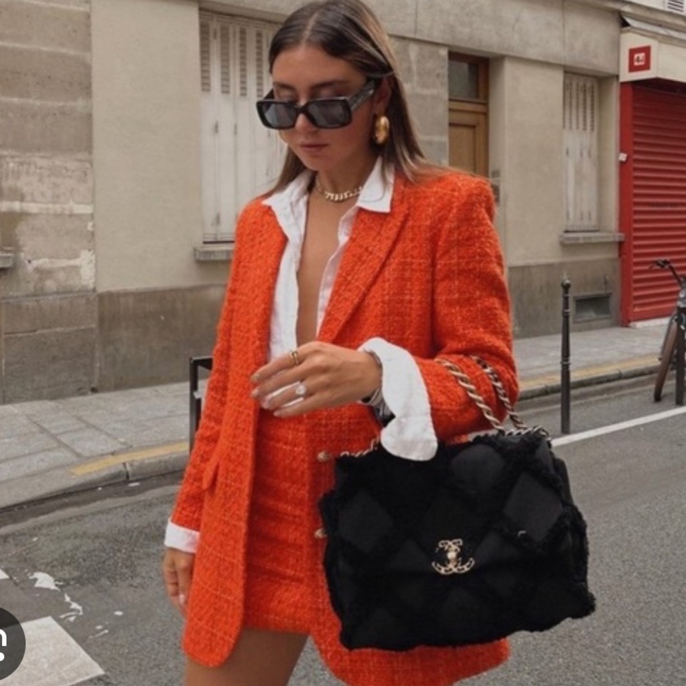 Zara Women's Vibrant Orange Tweed Blazer and Skirt